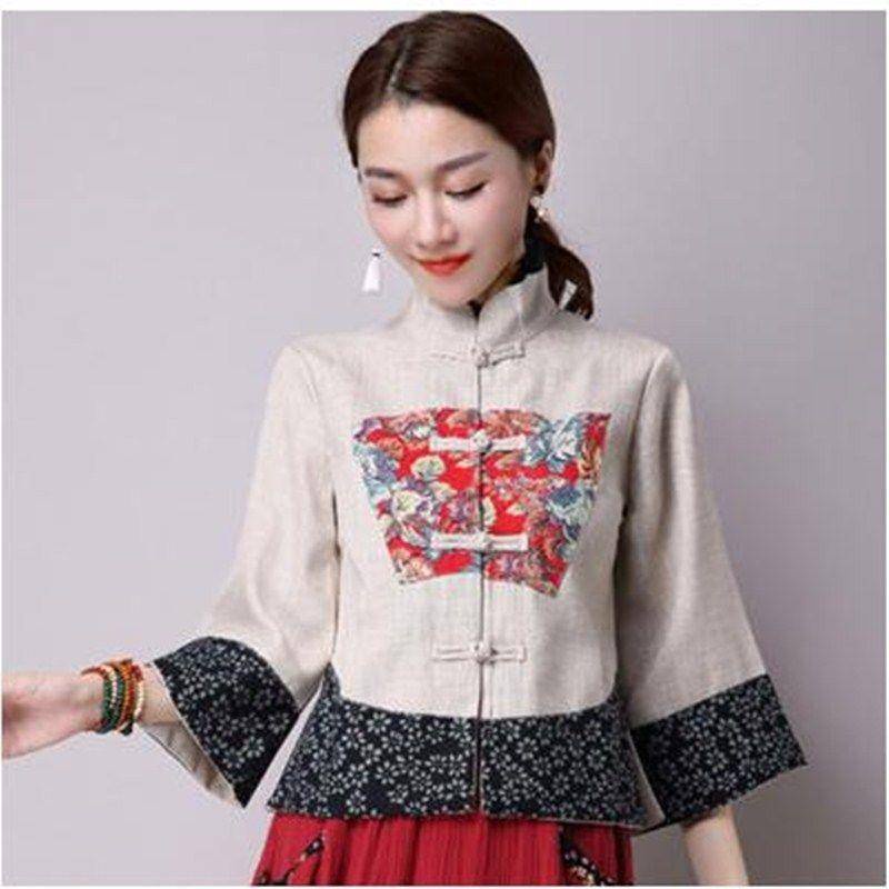 Mới Áo Khoác cardigan Cách Tân Vải Lanh cotton Tay Dài Phong Cách Trung Hoa Cổ Điển
