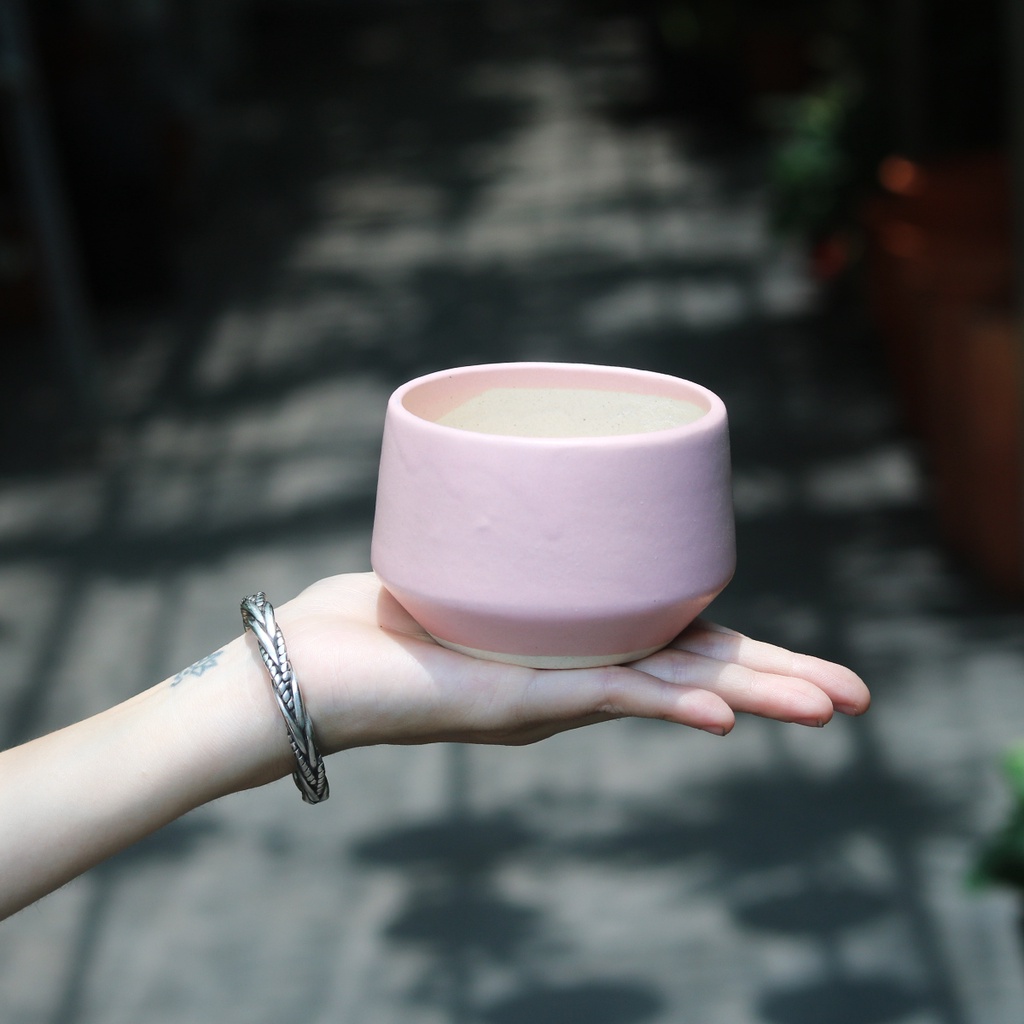 Chậu mini gốm tráng men màu hồng phấn, hồng pastel trồng sen đá, xương rồng