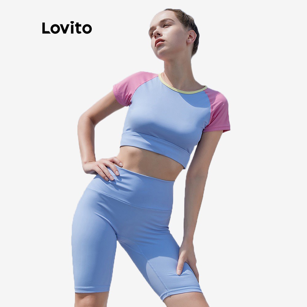 Bộ đồ thể thao Lovito ôm dáng phối màu thoáng khí L04025 (Màu xanh dương nhạt) - Hàng mới về