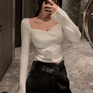 Áo dệt kim tay dài cổ vuông màu trắng/đen cho nữ