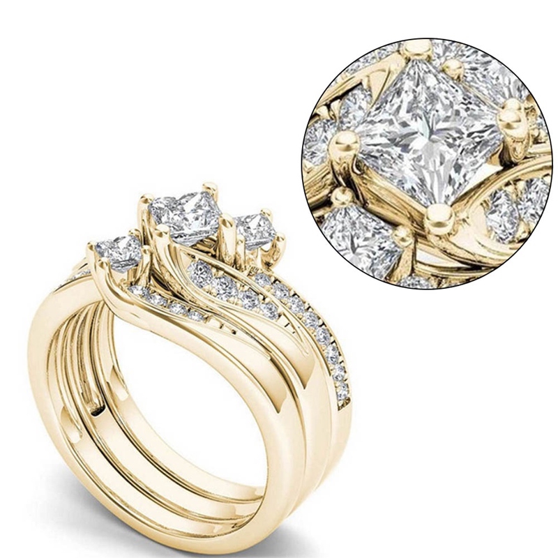 Set 3 nhẫn đính hôn khảm đá pha lê phong cách công chúa sang trọng