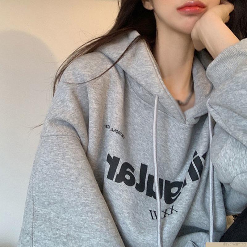 Áo hoodie tay dài dáng rộng có dây rút thời trang thu đông cho nữ