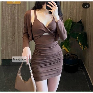Set đầm body hai dây xoắn ngực hở kèm khoác