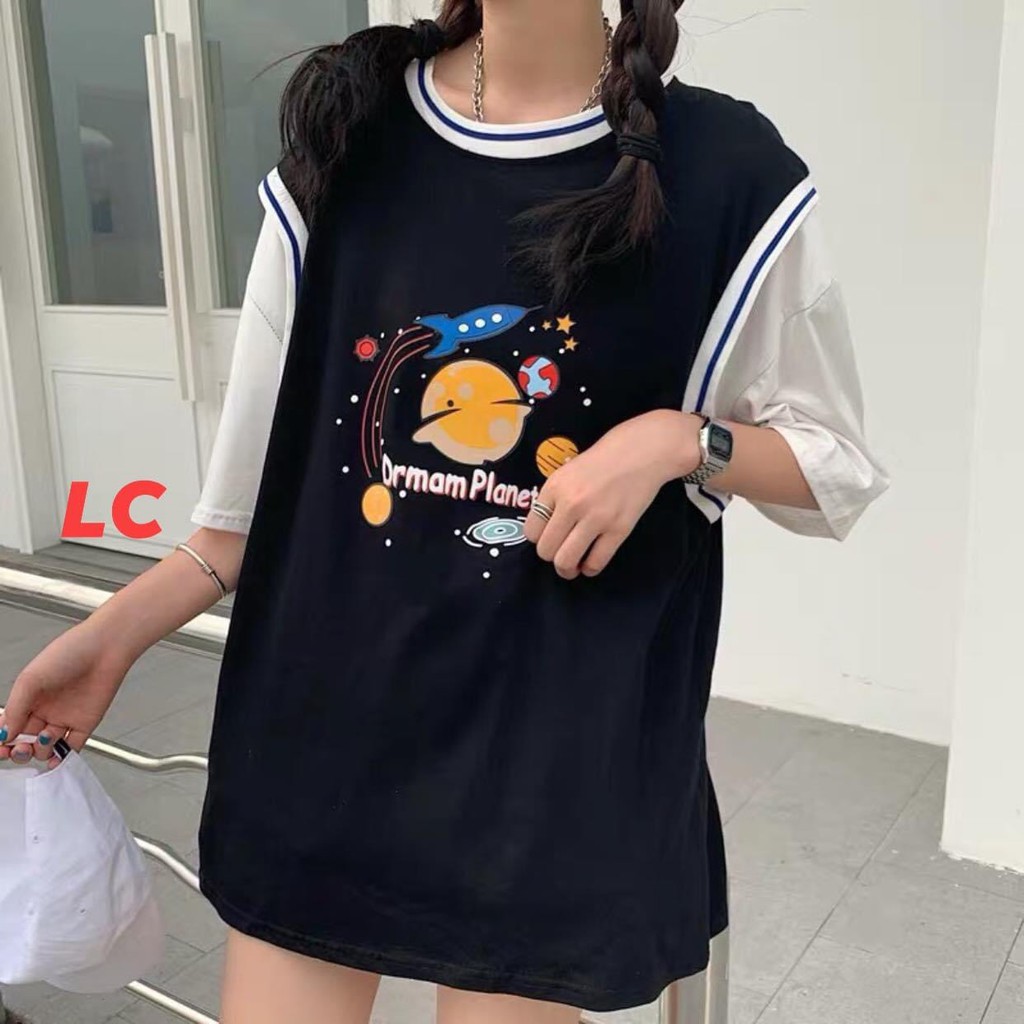 Áo thun tay lỡ phối tanktop kiểu áo bóng rổ unisex nam nữ form rộng PLANETE basic tee oversize 2 màu xanh đen siêu hot | BigBuy360 - bigbuy360.vn