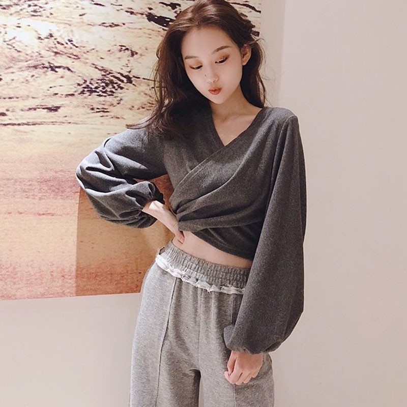 Áo tay dài cổ chữ v màu trơn thời trang nữ sành điệu