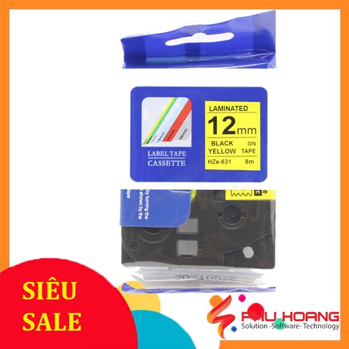 Nhãn in HZE-S631 siêu dính( Tương thích Tze-S631), chữ đen nền vàng( Black on Yellow), khổ rộng 12mm, bám dính cao