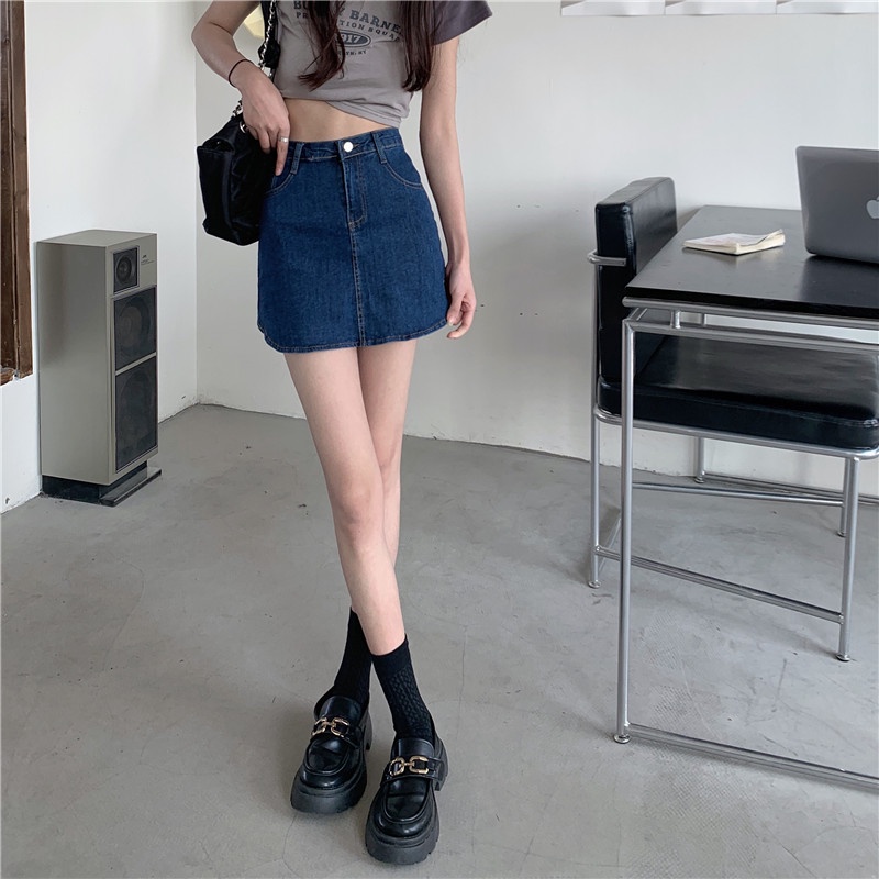 Chân váy IELGY vải jean lưng cao dáng chữ A phong cách Hàn Quốc dành cho nữ