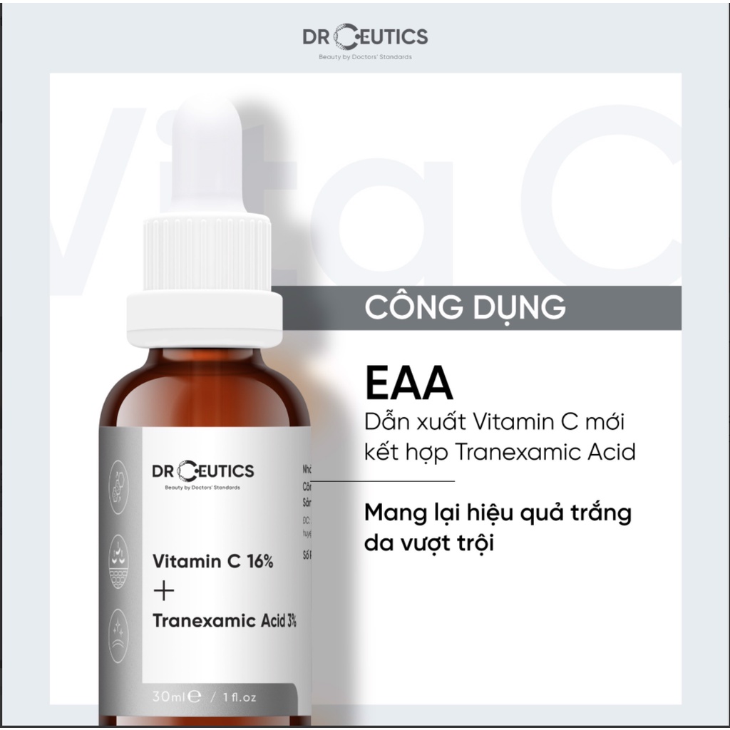 Serum Vitamin C DrCeutics 30ml - Ngừa Lão Hóa, Sáng Da, Mờ giảm Thâm Nám - Vitamin C 16% + Tranexamic 3%