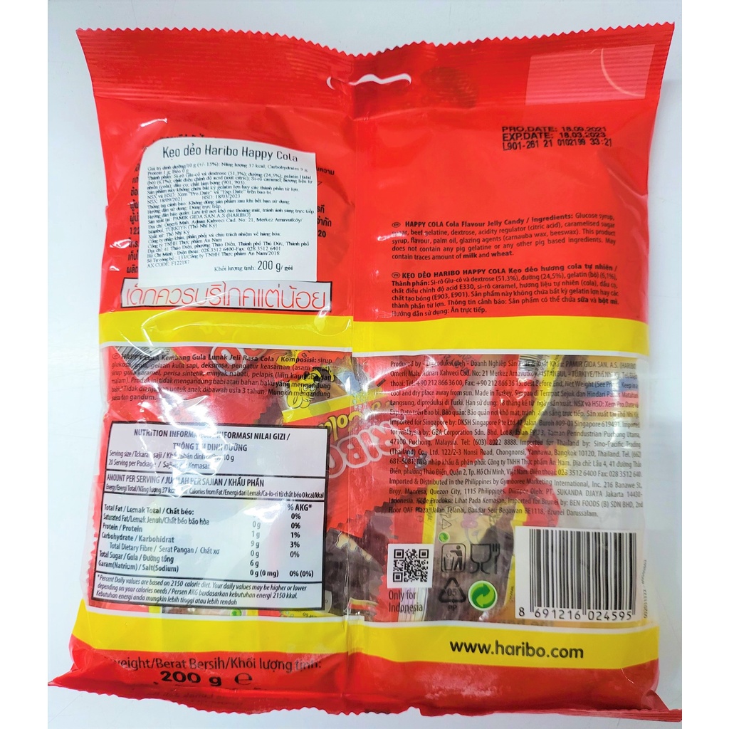 [Gói 200g – HAPPY COLA ] KẸO DẺO HƯƠNG COLA TỰ NHIÊN [Turkey] HARIBO Jelly Candy (halal)