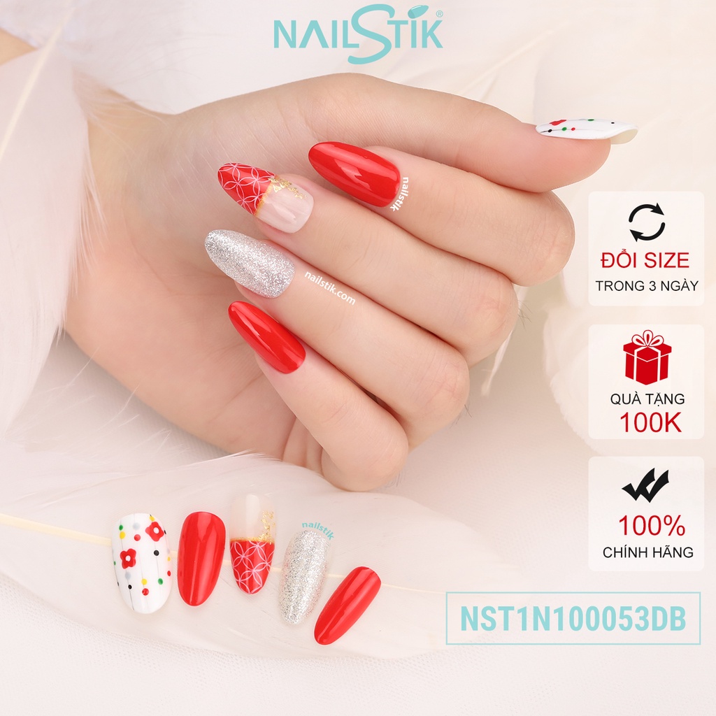 Móng úp thiết kế by NAILSTIK, màu đỏ, form móng bầu, ngắn/dài,  053