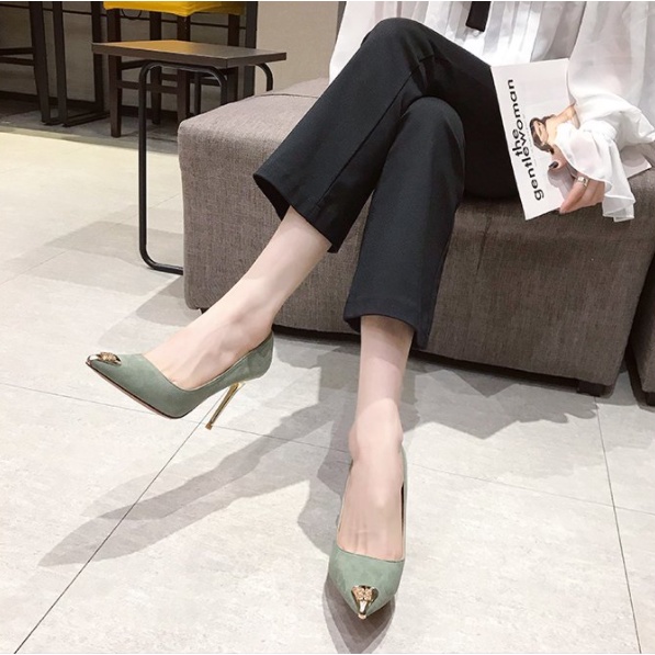 Giày cao gót da lộn mũi nhọn bọc mũi công sở sexy gót nhọn Hàn Quốc