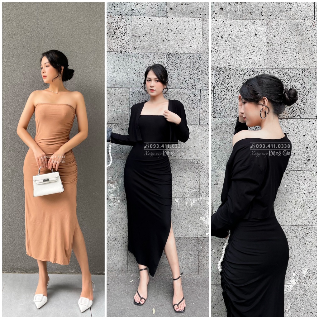 Combo đầm quây ngực và áo khoác croptop tay dài DG 4271