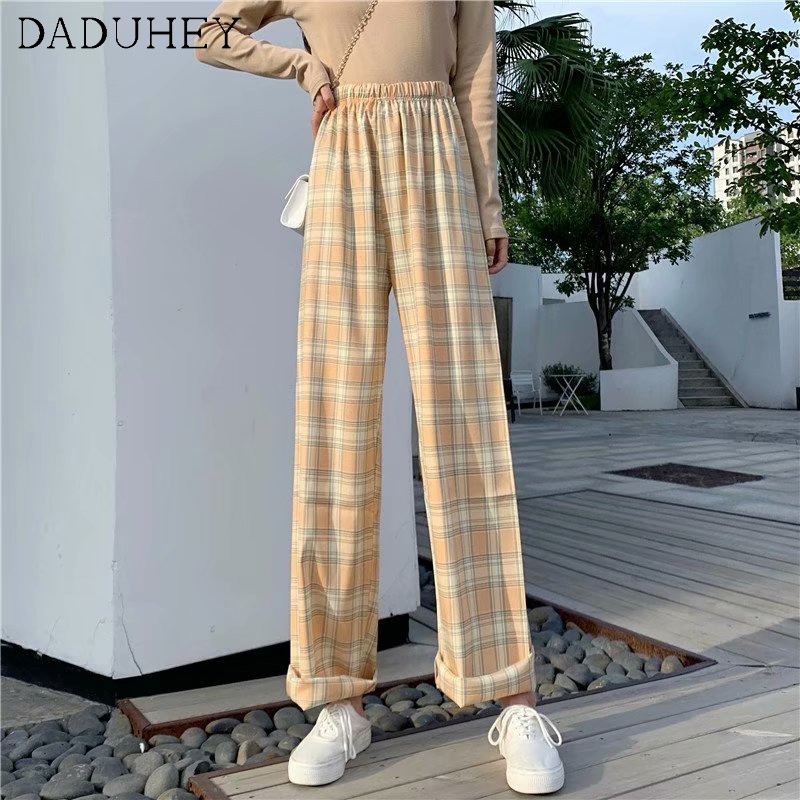 DaDuHey💕 Women's Plaid Elastic Waist Wide Leg Pants Women Floor Straight Plus Size Casual Loose Floor Trousers