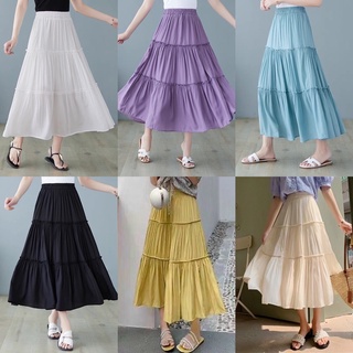 Chân váy lụa tầng dáng xoè dài midi QC siêu nhẹ mát