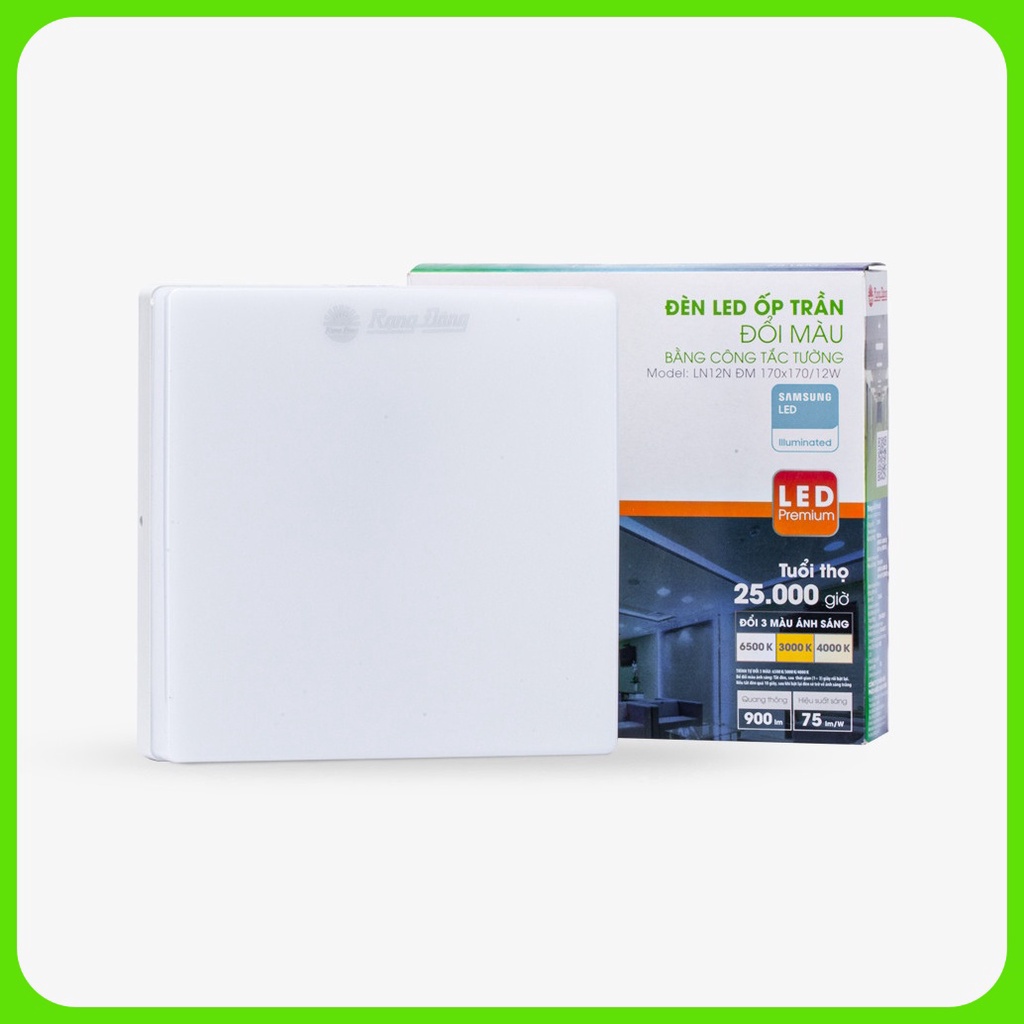 Đèn ốp trần vuông 12W Đổi màu đế nhựa, Đèn ốp trần Rạng Đông tiết kiệm điện Model: LN12N ĐM 170x170/12W