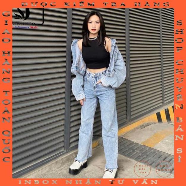 Quần jeans nữ ống rộng dáng ulzzang Encanto quần ống rộng 3 cúc hông tà tua rua (1017) - allshop