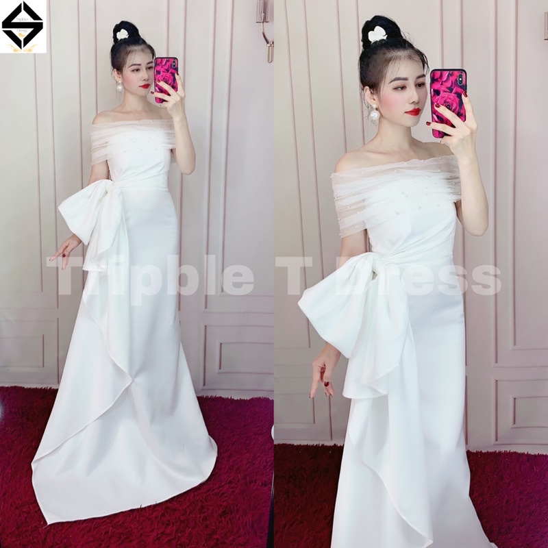 Đầm maxi body mặc cưới đi bàn nhẹ nhàng kèm bẹt vai rời TRIPBLE T DRESS - size S/M/L - MS208Y