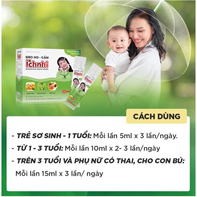 Siro ho cảm Ích Nhi hỗ trợ giải cảm, giảm ho, sổ mũi, tiêu đờm, dùng cho trẻ sơ sinh, hộp 30 gói x 5ml