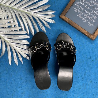 [ĐẾ CAO SU 2 LỚP] GUỐC GỖ GUỐC NỮ ĐẾ XUỒNG MÀU ĐEN THÂN GUỐC ĐIÊU KHẮC CỔ ĐIỂN QUAI GUỐC ĐÍNH HOA CAO 9CM