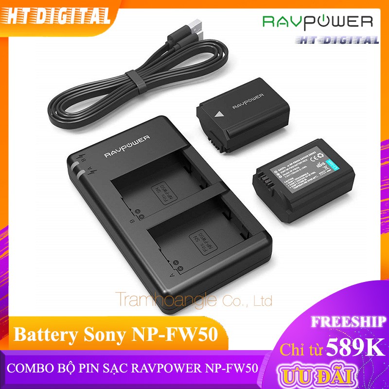 Bộ 2 pin RavPower NP-FW50 và sạc đôi RavPower NP-FW50 cho Sony A6000, A6300, A6500, A7, A7 II, A7R, A7S Hàng chính hãng