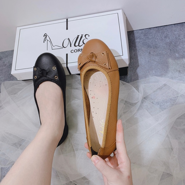 LOVIIECORNER - GIÀY BỆT NỮ CÔNG SỞ DA THẬT MŨI TRÒN NƠ - GIÀY BÚP BÊ BỆT NỮ DA BÒ SIÊU ÊM CÔNG SỞ - ( ĐEN - BÒ) B200308 | BigBuy360 - bigbuy360.vn