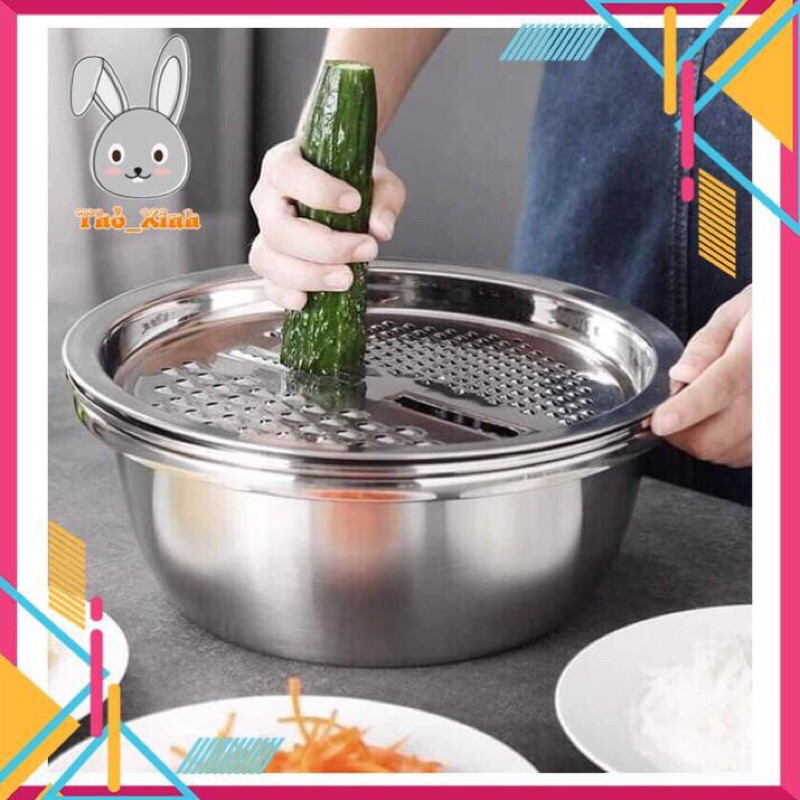 [FreeShip] Bộ Bào Nạo Rau Củ Kiêm Rổ Và Chậu Inox Cao Cấp Đa Năng