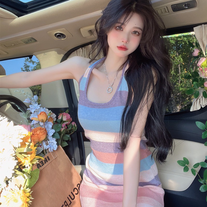 Porozi  Đầm ngắn cổ yếm  họa tiết kẻ sọc màu sắc tương phản phong cách Hàn Quốc thời trang cho nữ