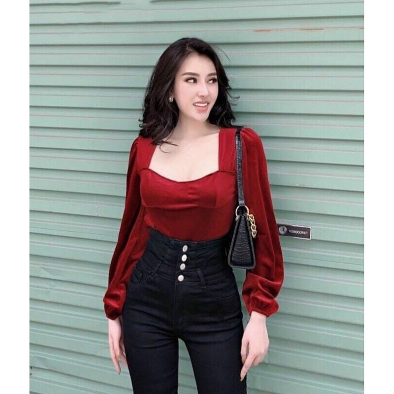 Áo nhung nữ cổ vuông tay dài màu trơn có mút sexy quyến rũ - Mã: 731 TV-Fashion