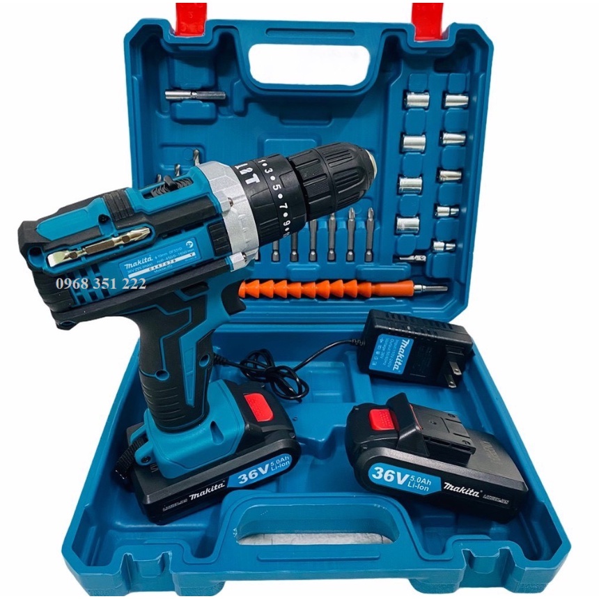 Máy khoan pin 36V Makita 3 chức năng có búa - Tặng kèm 24 chi tiết gồm các mũi khoan bảo hành 1 năm