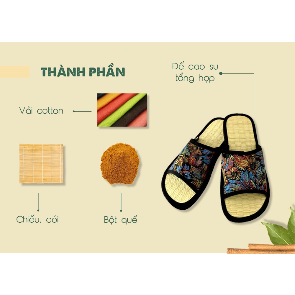 Dép chiếu Hương Quế DCQ-36 có lớp đế cao su xốp tiếp đất và chiếu mềm không lo hôi chân, không lo trầy xướt lúc mang dép