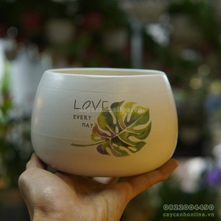 Chậu gốm sứ in hình chiếc lá có chữ happy lucky smile trồng cây cảnh văn phòng đẹp