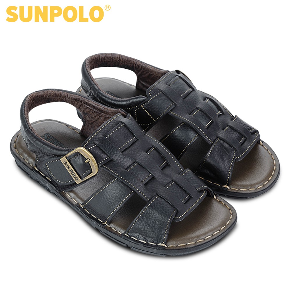 Sandal Nam Da Bò Cao Cấp SUNPOLO Nâu Đen SUSDA1ND - Có Big size 44 45