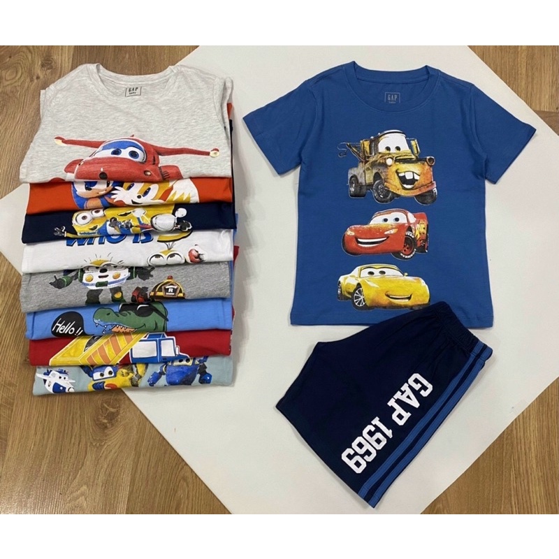 Bộ ngắn tay cotton bé trai 2-6T họa tiết Super Wings - Robocar Poli - nhím Sonic xe đua