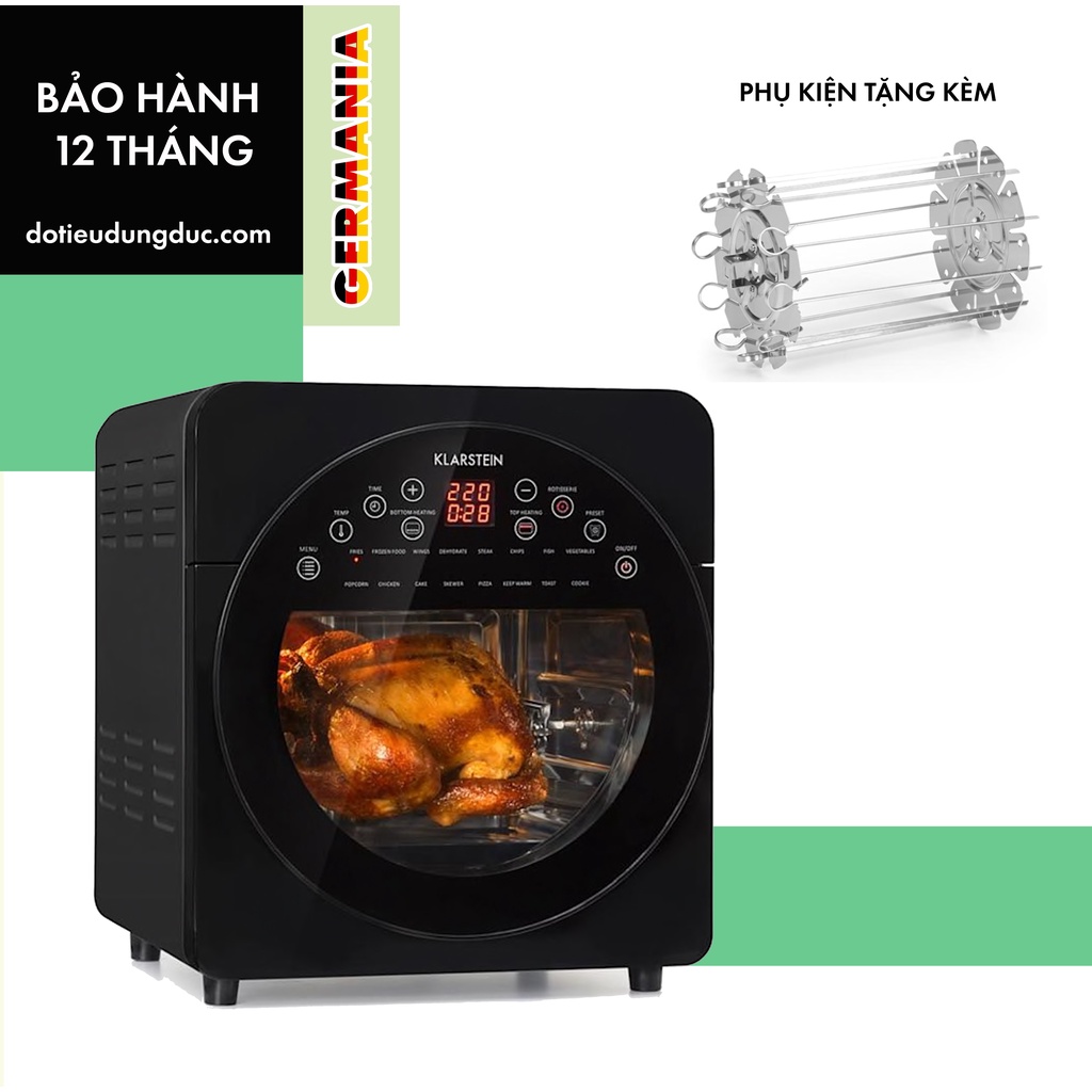 NỒI CHIÊN KHÔNG DẦU KLARSTEIN AERO VITAL EASY TOUCH 14L TẶNG LỒNG KHOAI VÀ BỘ XIÊN TH