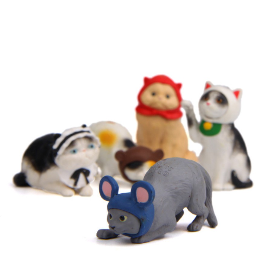 Combo 05 mô hình team mèo mặt ngu đội mũ chuột, mũ hầu gái trang trí tiểu cảnh, nhà búp bê, móc khóa, DIY