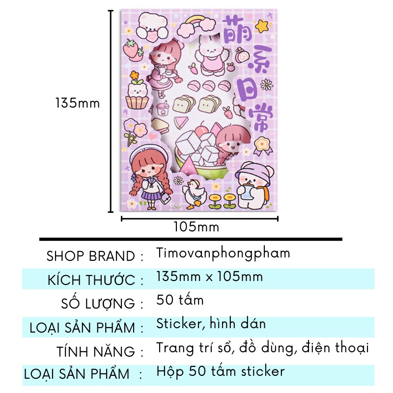 Sticker cute hình dán sổ tay 50 tấm dễ thương dán sổ trang trí cô bé có hộp ST43