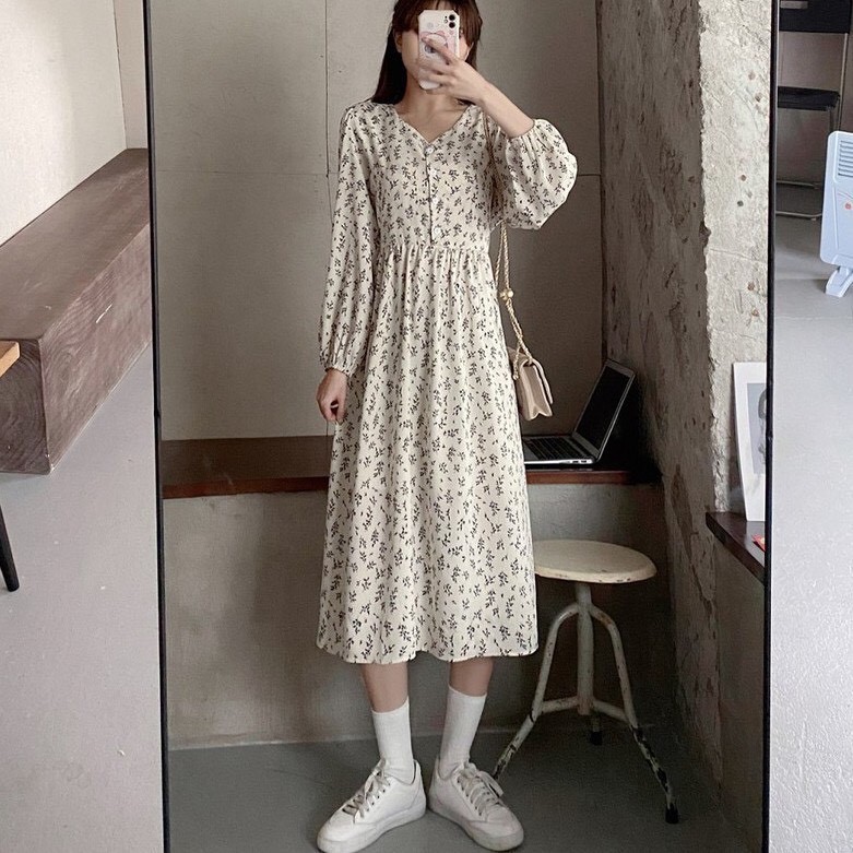 [Ảnh thật] Đầm - Váy babydoll hoa nhí cổ V dáng dài cài cúc ulzzang
