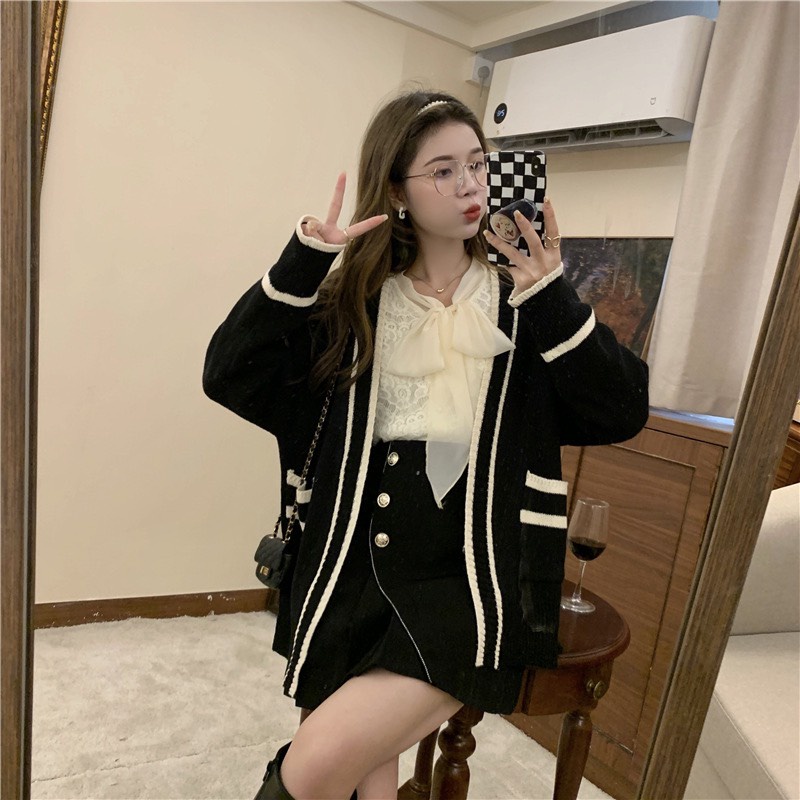 Áo Cadigan len trơn nữ màu đen trắng form rộng phối bo viền dài tay phong cách Ulzzang Basic Đi Học