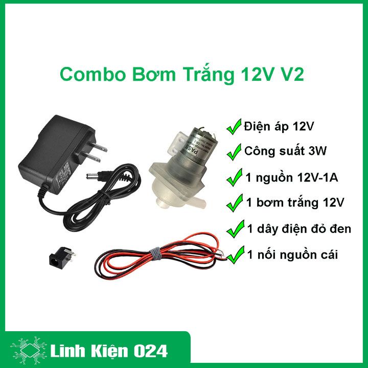 Combo bộ máy bơm mini 12v trắng + nguồn 12V-1A (tặng 01 jack DC cái, 02 đoạn dây điện đỏ-đen)