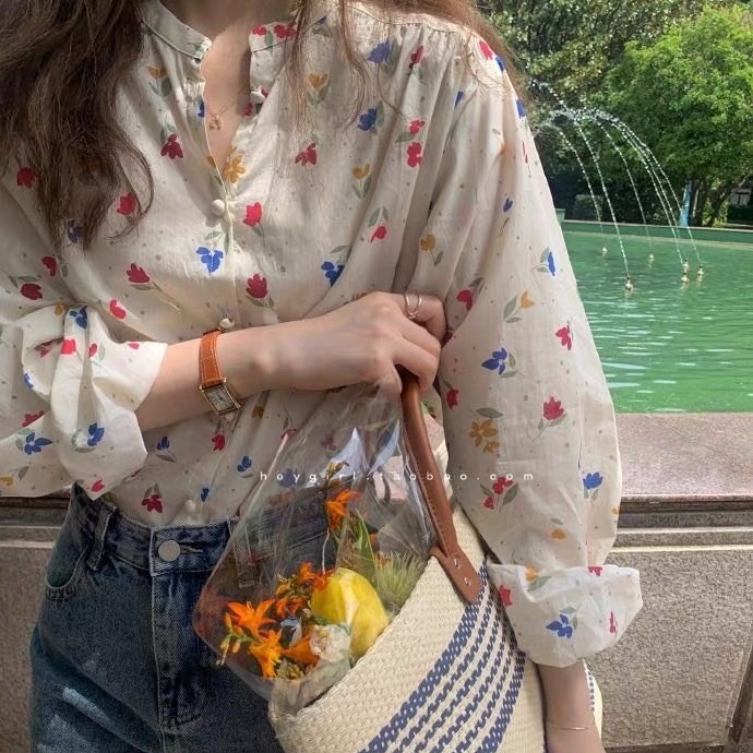 SUXI Áo Kiểu Tay Dài Hoạ Tiết Hoa Phong Cách Hàn Quốc Dành Cho Nữ