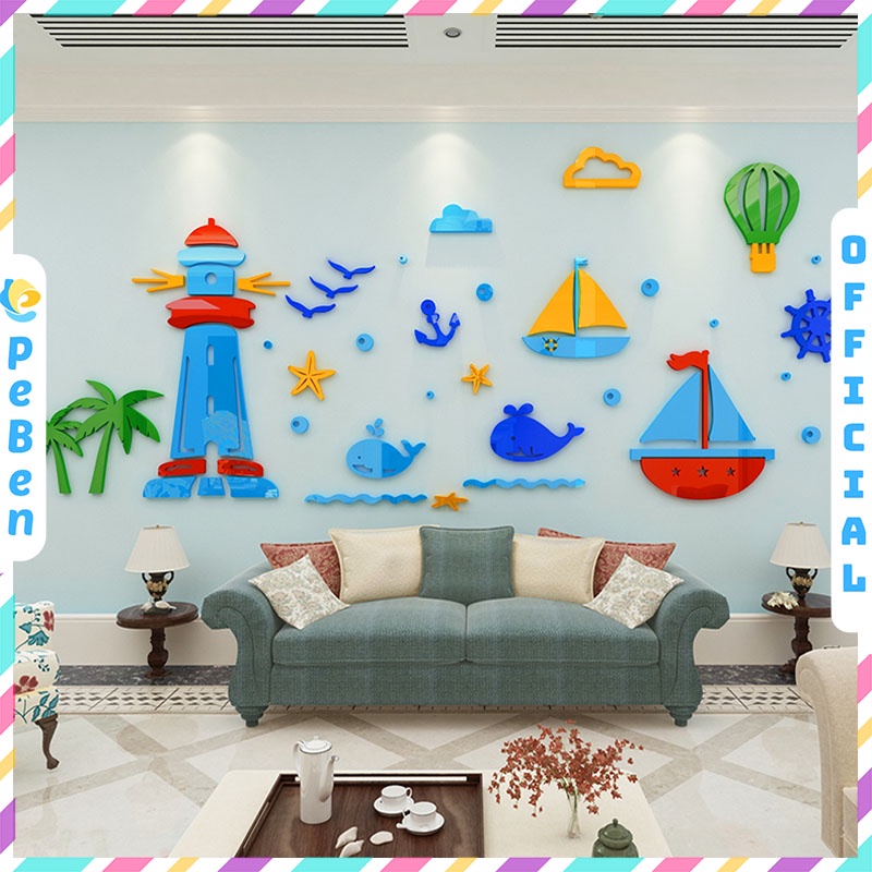 Tranh dán tường mica 3d decor khổ lớn ngọn hải đăng trang trí mầm non, phòng cho bé Nhiều Size - EPeBen