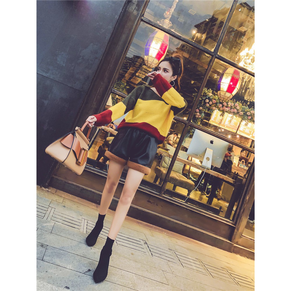 Áo len trùm đầu V- cổ + quần da PU quảng châu order | BigBuy360 - bigbuy360.vn