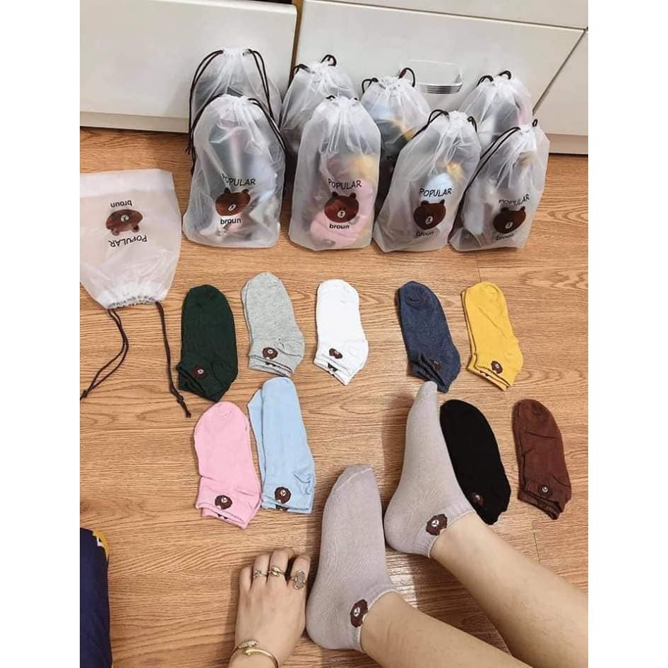 [Set 10 đôi] Tất - Vớ Nữ Hình Gấu Brown Loại 1 - Tặng Kèm Túi Rút Lụa Mờ Sang Mịn Cute