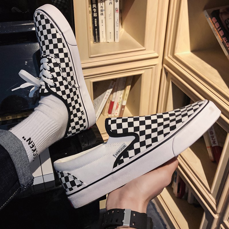 Giày Lười Canvas Họa Tiết Ca Rô Trắng Đen Size 39-44 Thời Trang Mới | BigBuy360 - bigbuy360.vn