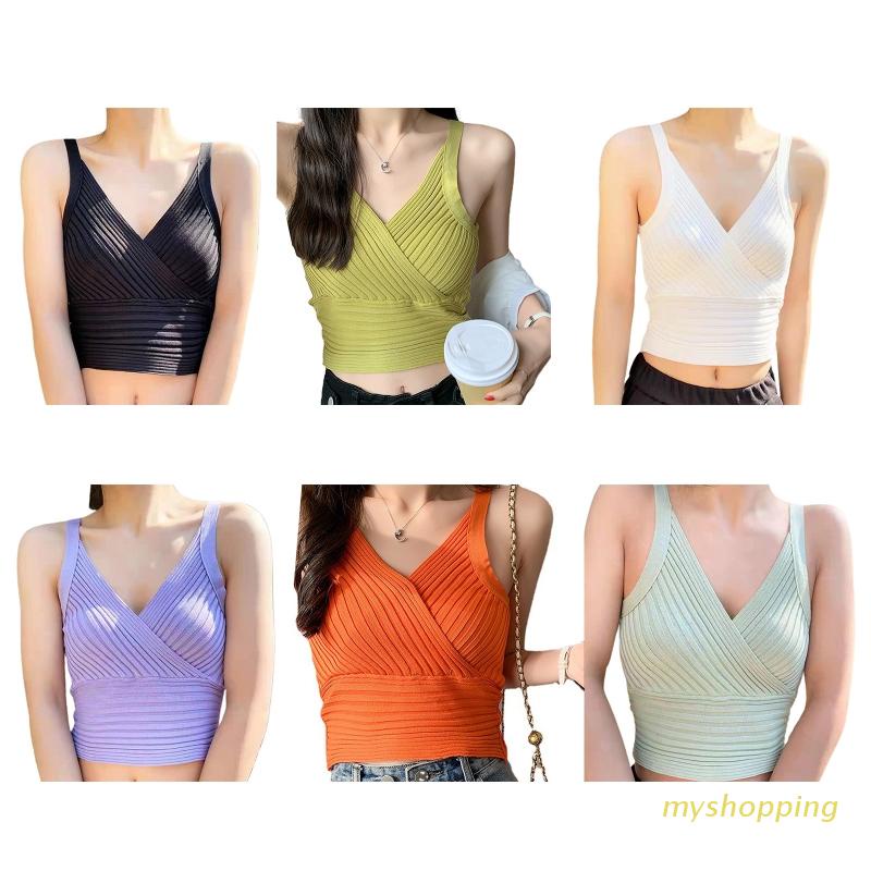 Áo Croptop Dệt Kim Không Tay Cổ Chữ V Màu Trơn Họa Tiết Kẻ Sọc Quyến Rũ Cho Nữ