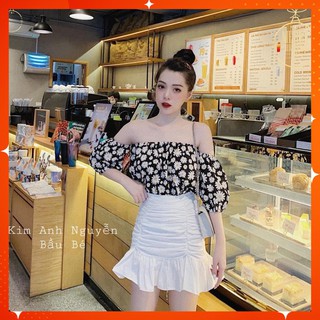 Oh35.set áo trễ vai hoa cúc mix chân váy trắng đuôi cá + tặng kèm joker cá tính