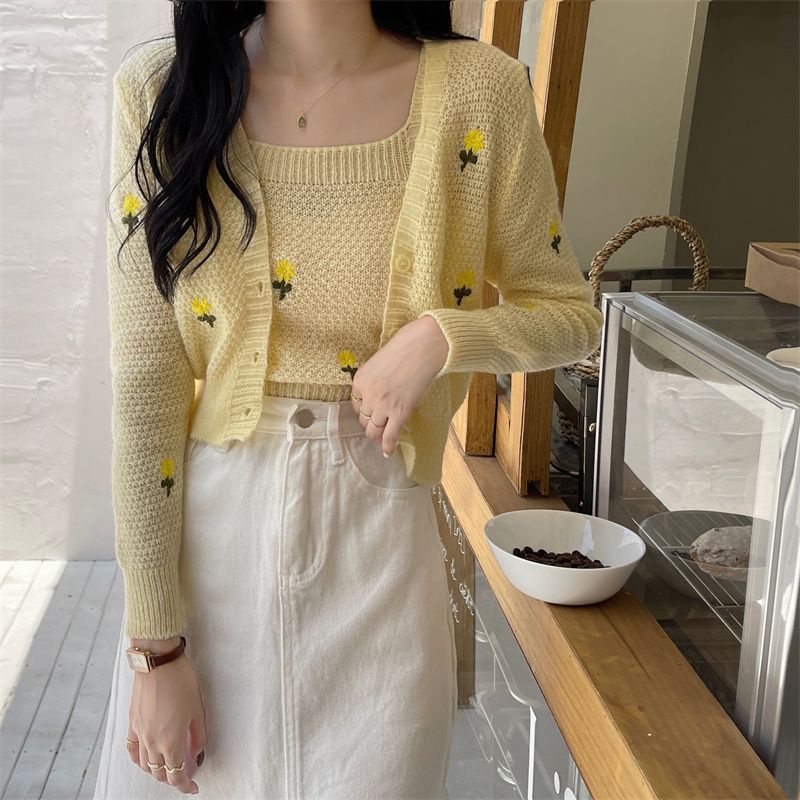 Bộ Áo Khoác Cardigan Dệt Kim + Áo Hai Dây Xinh Xắn Dành Cho Nữ  tao bao
