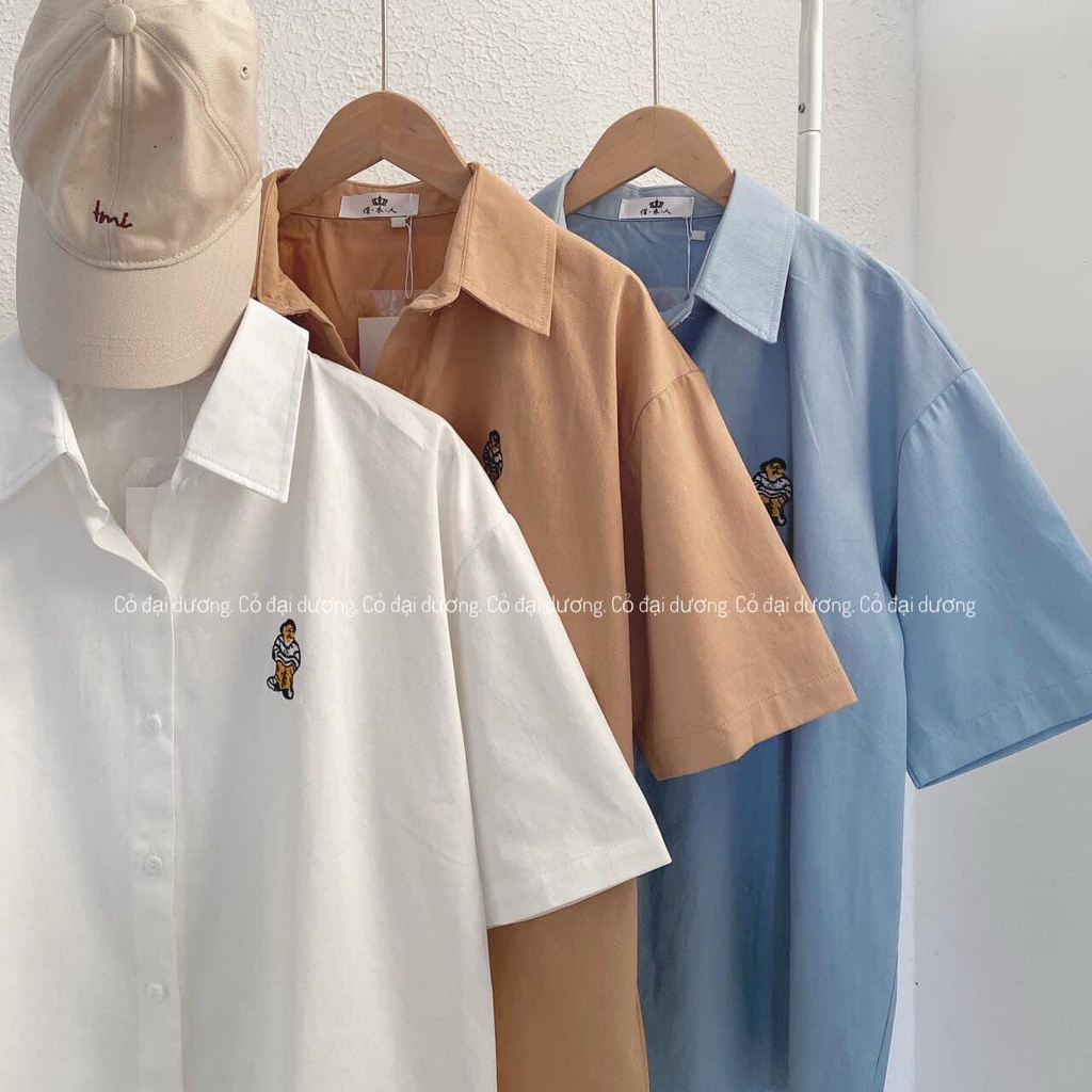 Áo sơ mi thêu gấu unisex tay lỡ be trắng xanh vintage hàn quốc đi làm đi học