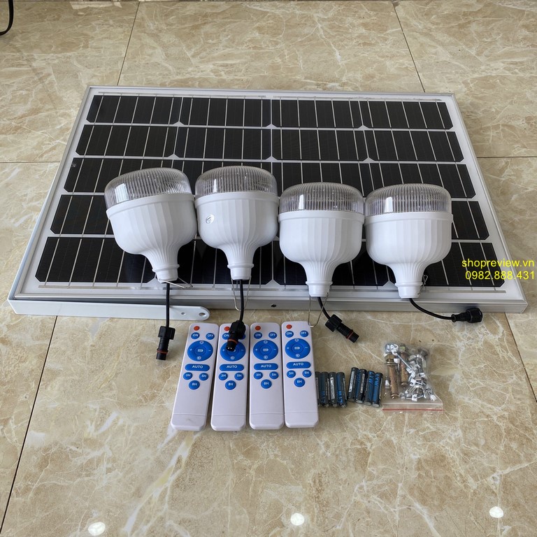 Đèn led năng lượng mặt trời Bulb bao gồm 4 bóng tròn 200w và 1 tấm pin NLMT rời dây dài
