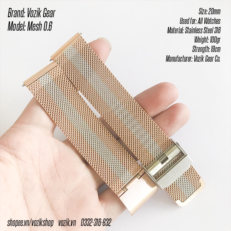 Dây đeo đồng hồ thép lưới mesh Mesh 0.6mm VOZIK - milanese strap band for watches - 4